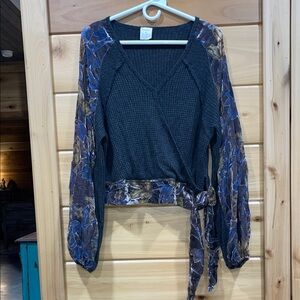 By Together Black Textured Blouse with Blue and Brown Patterned Sleeves